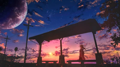 Cenário de pôr do sol de anime com silhueta e elementos celestiais