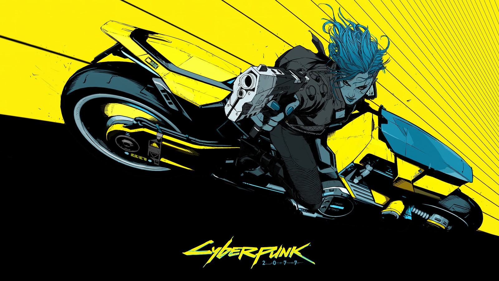 Batman auf einem motorrad mit blauen haaren und gelbem hintergrund (v cyberpunk, actionspiel, cyberpunk 2077, spielkunst, weibliches v)