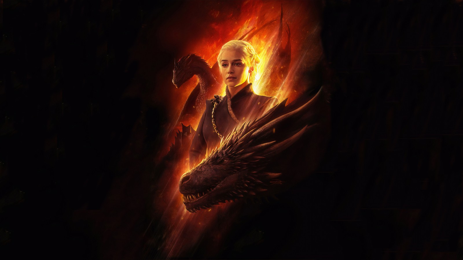 A man with a dragon on his shoulder in a dark room (daenerys targaryen, game of thrones, jon snow, house targaryen, art)