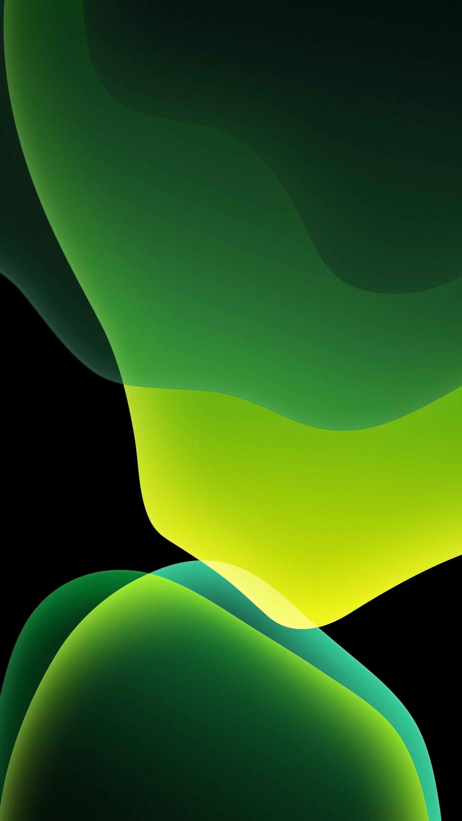 Un primer plano de un fondo abstracto verde y amarillo con un fondo negro (ios 13, ios, manzanas, colorido, azul eléctrico)