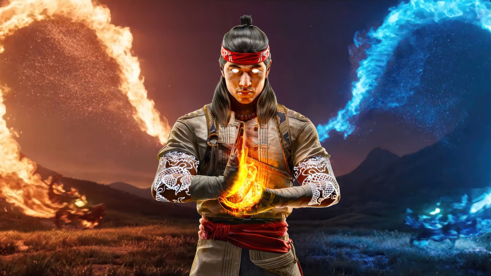 Un hombre con una bandana roja sosteniendo una bola de fuego (dios del fuego liu kang, fire god liu kang, mortal kombat 1, videojuego)