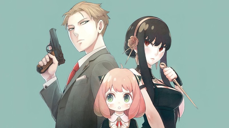 Аниме-персонажи с оружием, позирующие для фотографии (spy x family, аниме, anime, аня форджер, anya forger)