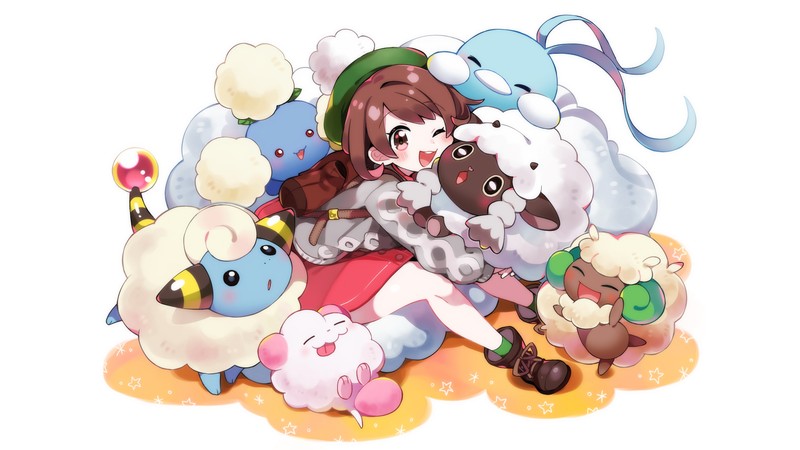 Аниме-персонажи сидят на пледе с мягкими игрушками. (вуллу, wooloo, altaria, jumpluff, марип)