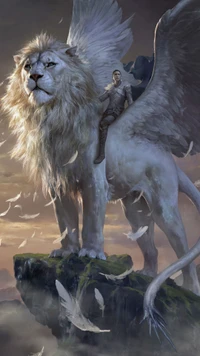 A magnificent winged lion, embodying a legendary creature, stands majestically on a rocky outcrop with a warrior atop, surrounded by ethereal feathers against a fantastical landscape.