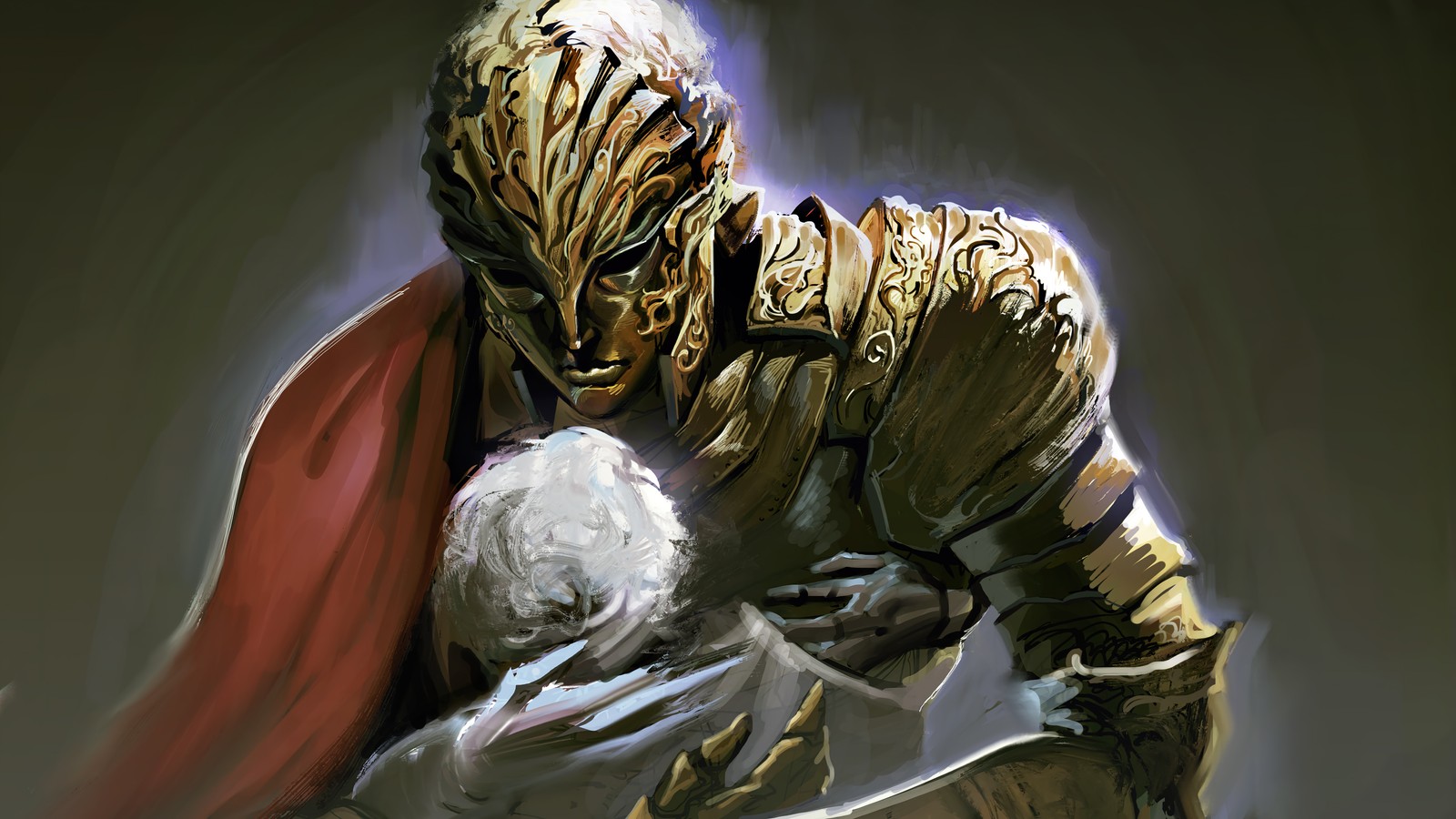 Arafed image of a man in armor holding a child (d hunter of the dead, elden ring, video game)