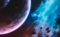 purple planet, cosmos, stars, blue galaxy, asteroids wallpaper