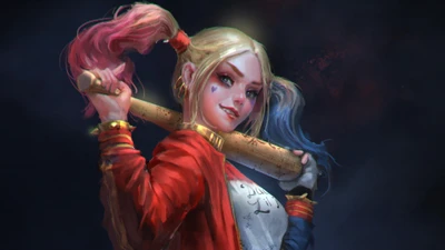 Harley Quinn dans une pose frappante, brandissant une batte de baseball avec une expression à la fois ludique et féroce.