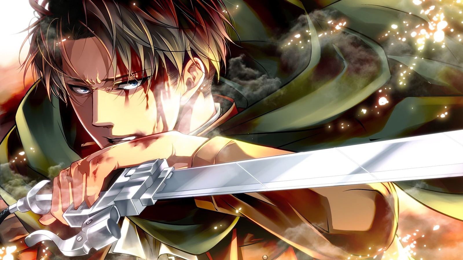 Anime, um homem com uma espada na mão, olhando para a câmera. (attack on titan, shingeki no kyojin, capitão levi, captain levi, anime)