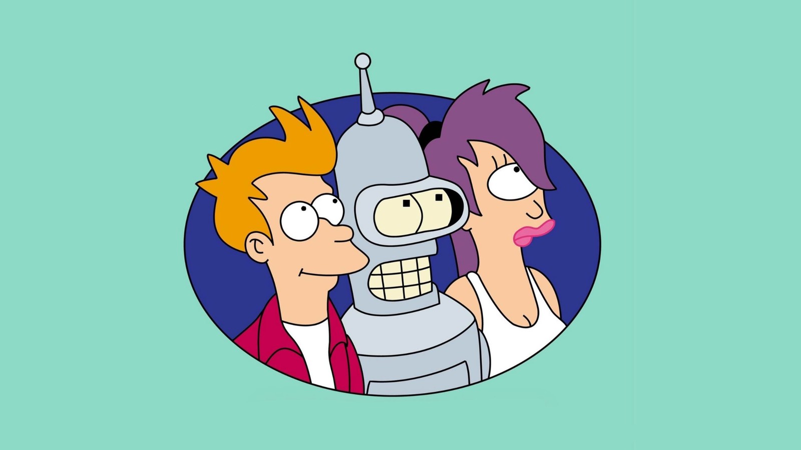 Un cartoon de dos personas con un robot en la cabeza (phillip j fry, bender futurama, leela futurama, futurama, caricatura)