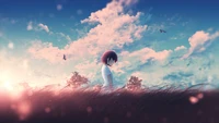 Anime Girl in Serene Sunrise Scenery