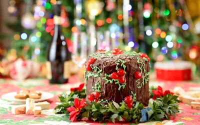 Bolo de chocolate de Natal decorado festivamente cercado por alegria natalina