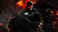 Superman in a black suit, holding a woman amidst fiery chaos.