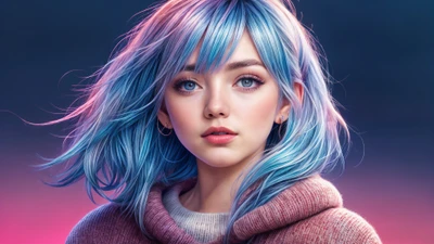 chica asiática, arte de ia, ai art, cabello azul, ojos azules