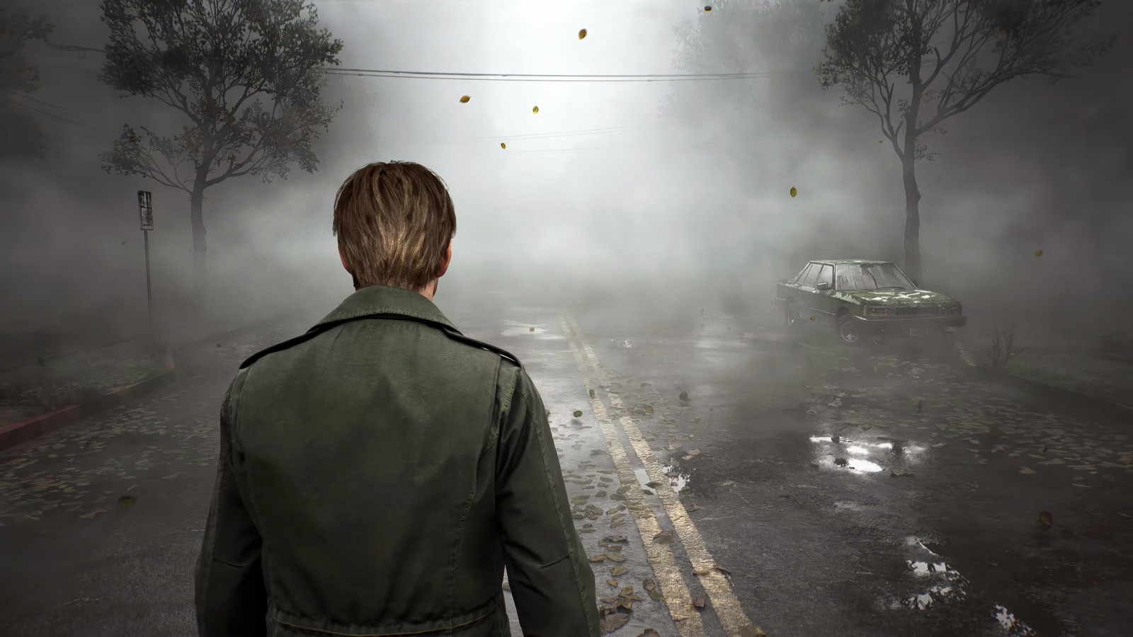 There is a man standing on the street in the fog (silent hill 2, video game)