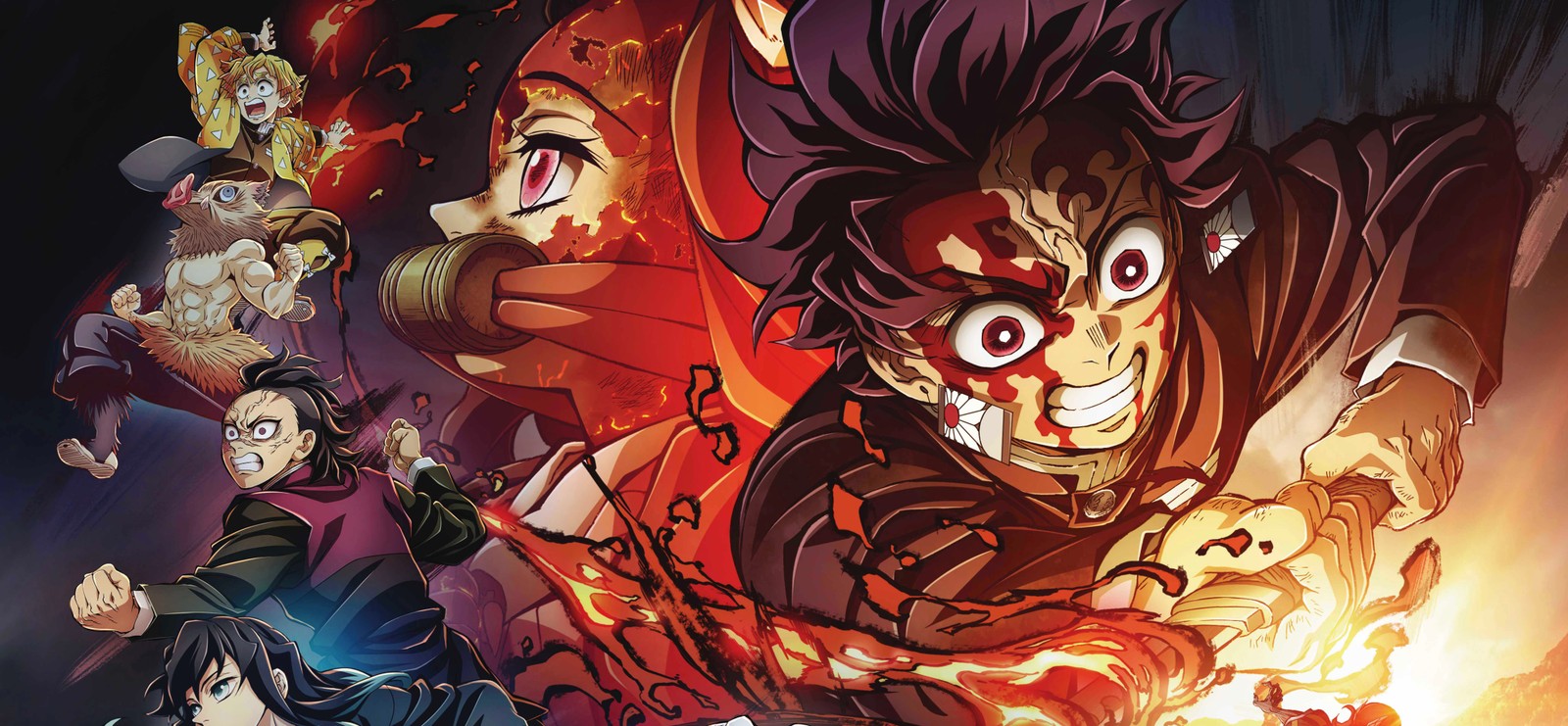 Eine gruppe von anime-charakteren mit feuer, das aus ihren mündern kommt (dämonentöter kimetsu no yaiba, demon slayer kimetsu no yaiba, ultrabreit, tanjiro kamado, nezuko kamado)