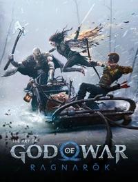 L'art de God of War Ragnarök : Kratos, Freya et Atreus dans une scène de bataille dynamique.