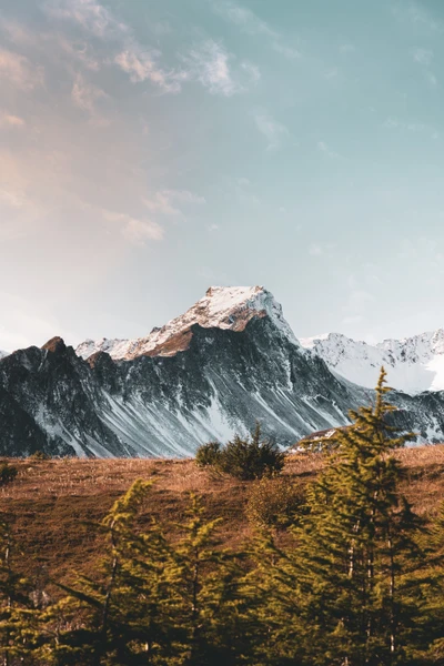 Schneebedeckter Berggipfel, der über üppige grüne Bäume unter einem ruhigen Himmel ragt.