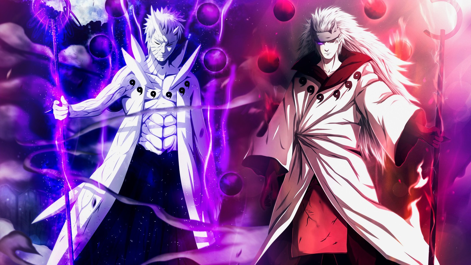 Two anime characters with long hair and white robes standing in front of a purple background (madara uchiha, obito uchiha, naruto anime, anime)