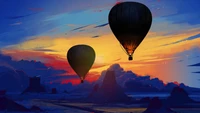 Bunte Heißluftballons bei Sonnenuntergang über einer malerischen Landschaft