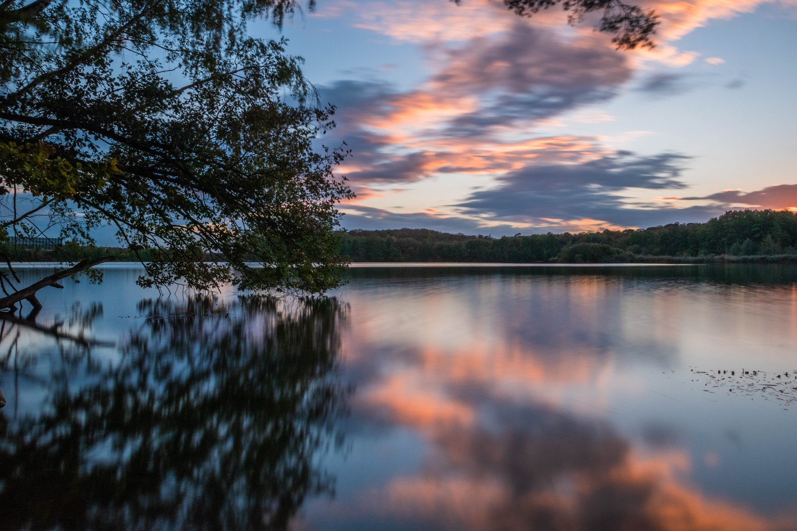 Eine sicht auf einen see mit einem baum und einem sonnenuntergang im hintergrund (wasser, baum, reflexion, natur, natürliche landschaft)