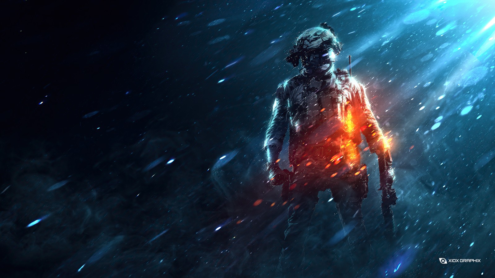 A man standing in the snow with a glowing light on his face (battlefield 2042, battlefield 1, action game, water, underwater)