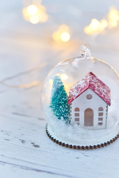 Ornamento de casa de gengibre delicado em uma bola de neve com uma árvore em miniatura