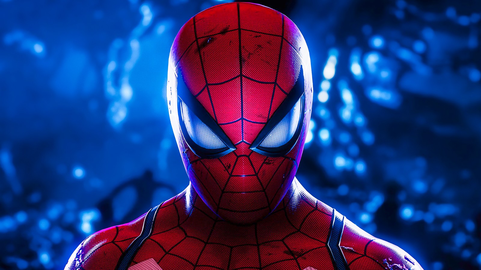 Spider - man in a red suit with a blue background (marvels spider man, photo mode, 5k, games, 4k wallpaper)