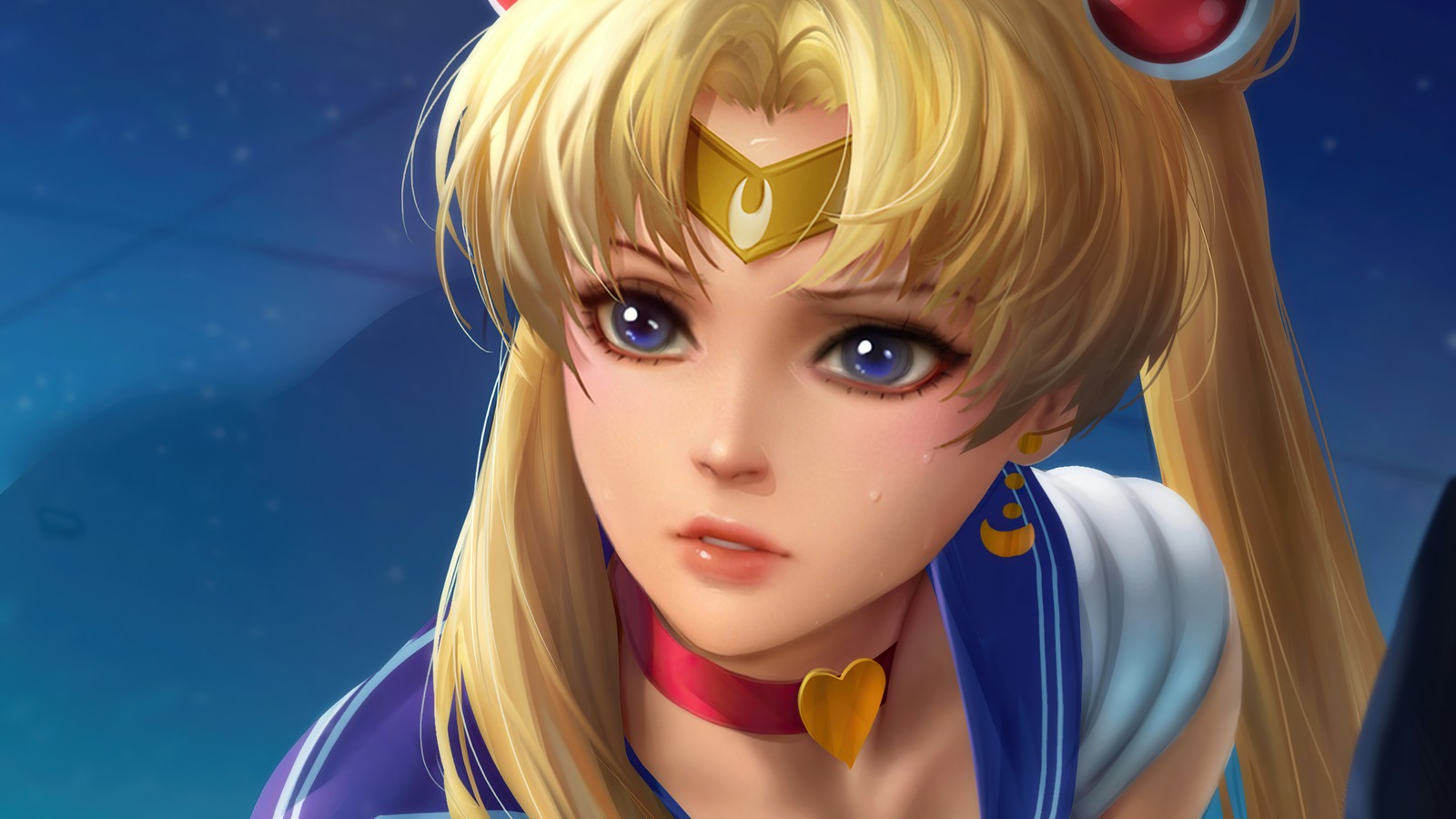 A close up of a woman with blonde hair and a blue dress (sailor moon, anime girls)