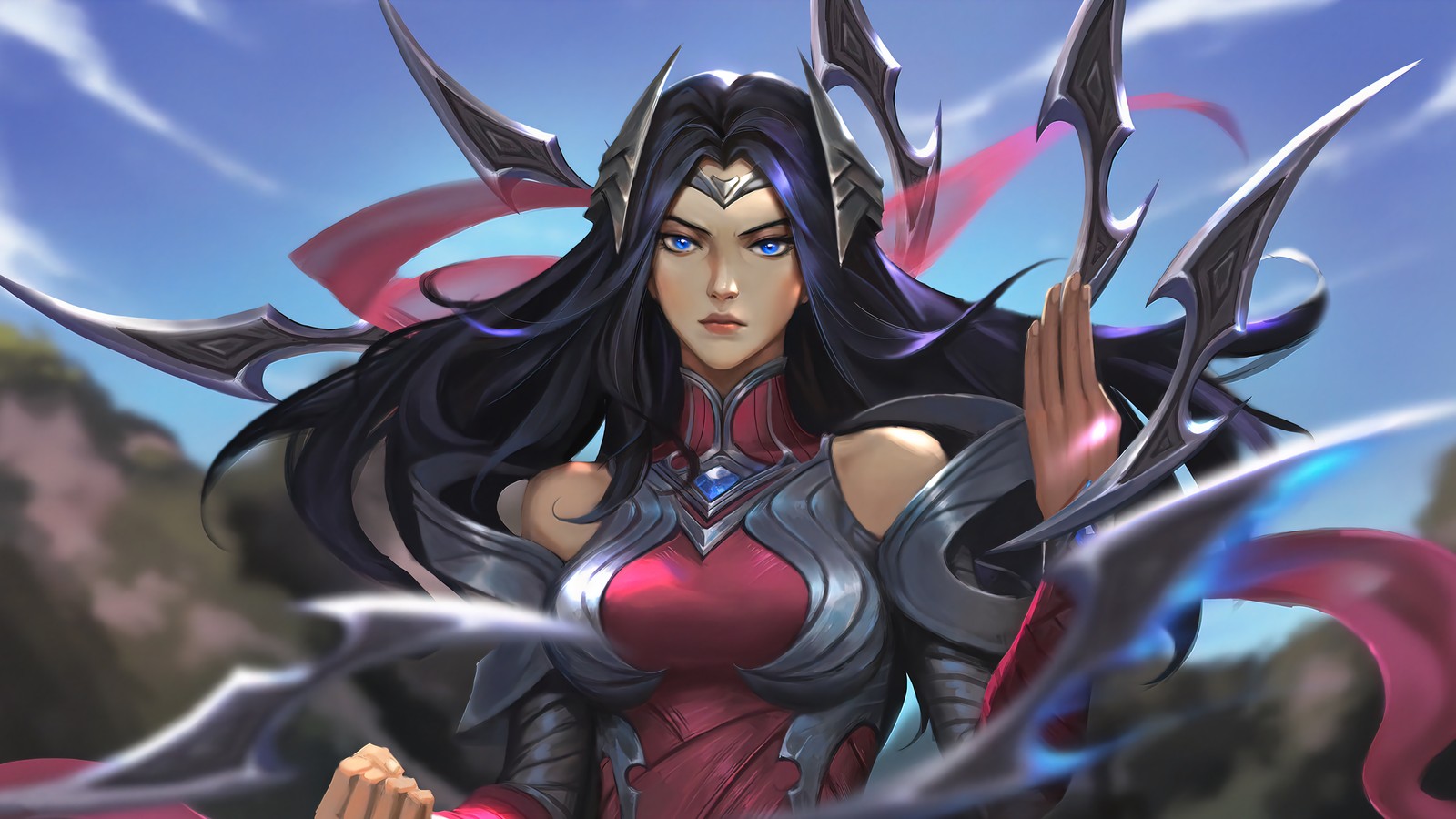 Eine frau in einem roten kleid, die ein schwert und einen roten umhang hält (irelia, league of legends, lol, videospiel)