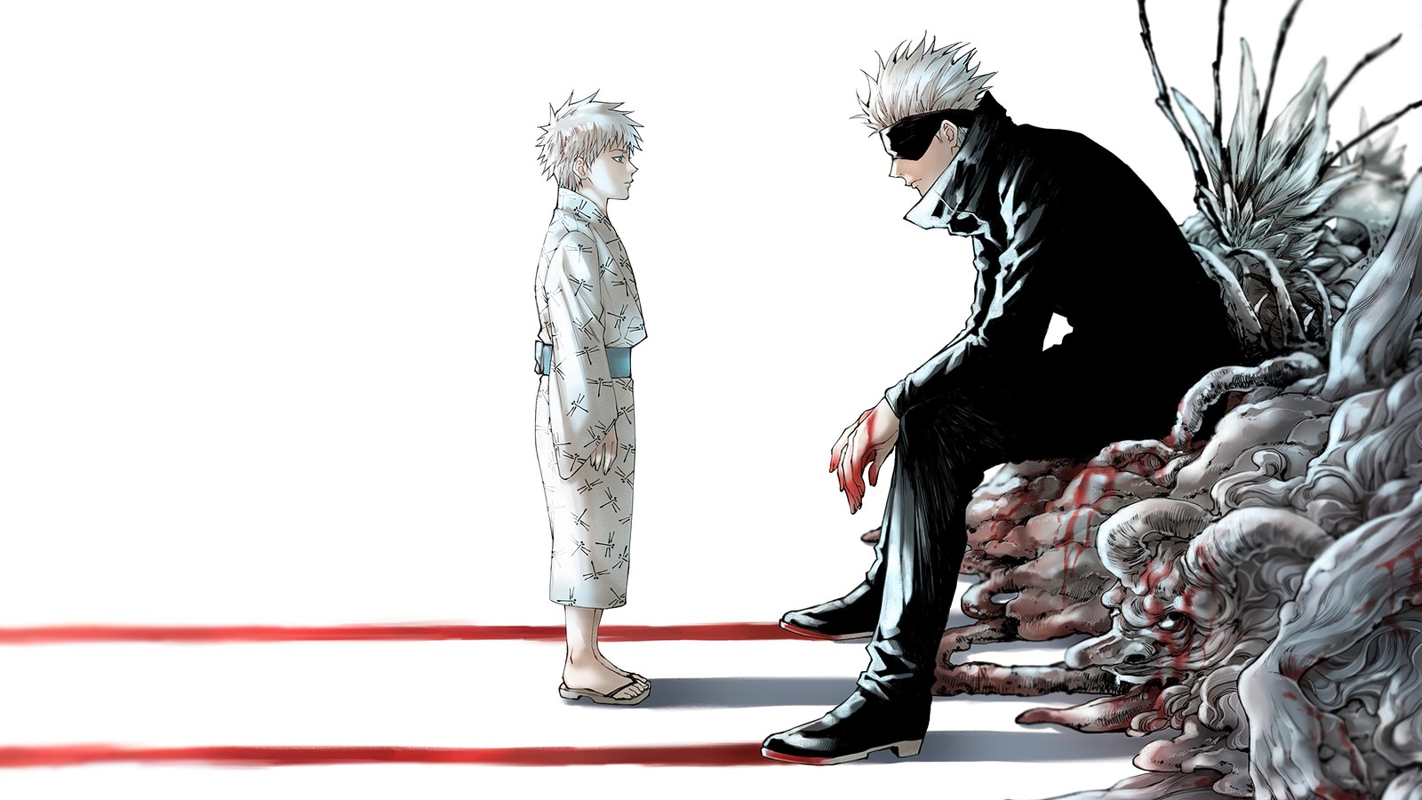 Anime, un homme et une femme assis sur un tas de rochers (jujutsu kaisen, combat de sorcellerie, 呪術廻戦, anime, satoru gojo)