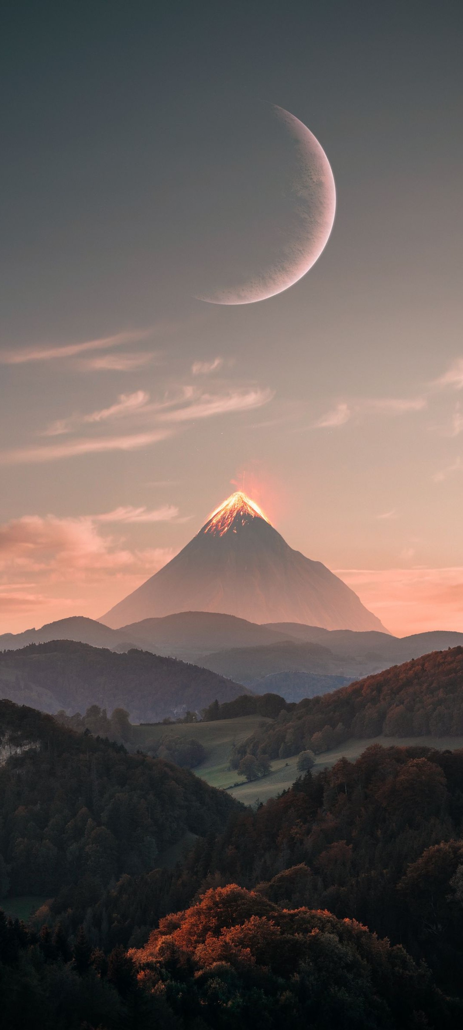 Una vista editada de una montaña con un creciente en el cielo (nube, atmósfera, montaña, ecorregión, ligero)