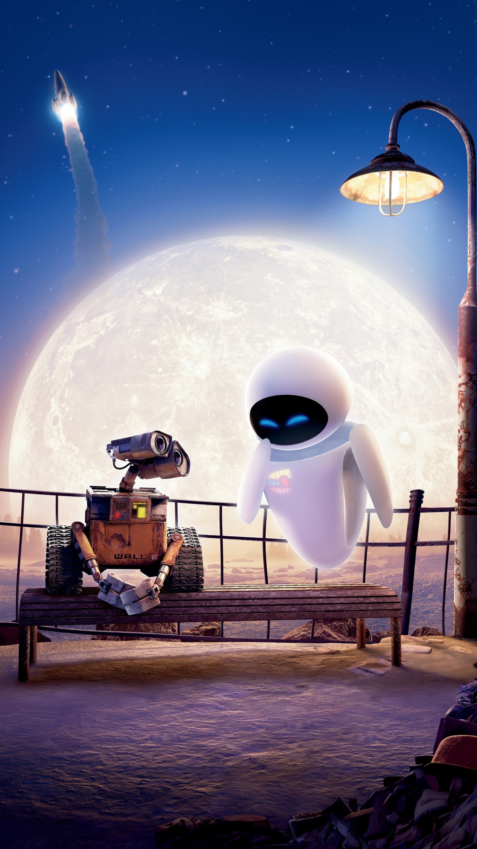 Ein roboter, der auf einer bank vor einem vollmond sitzt (pixar, filmplakat, plakat, walt disney pictures, animation)