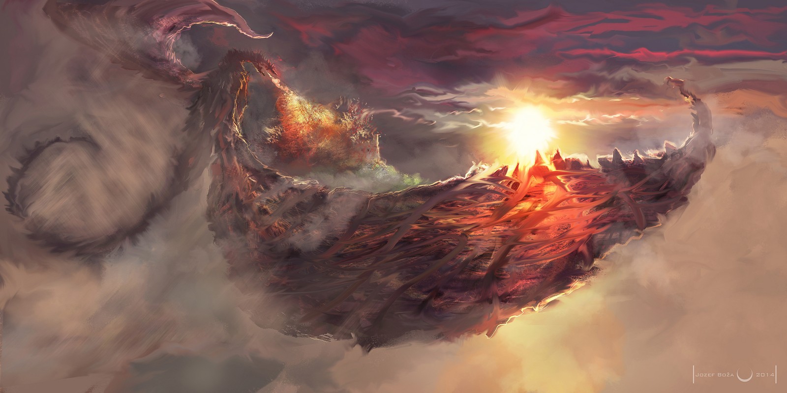 A painting of a giant monster with a huge head in the sky (art, digital art, painting, dragon, work of art)