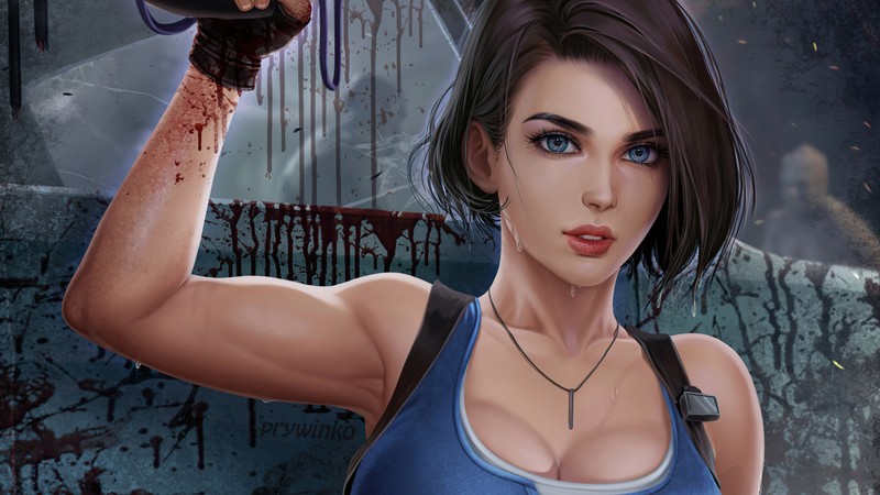 Крупный план женщины с ножом в комнате (джилл валентайн, jill valentine, ремейк зла 3, ремейк, re3)