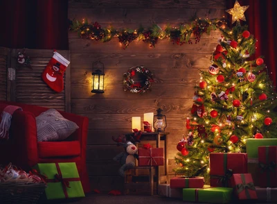 Escena navideña acogedora con árbol, luces y decoración festiva