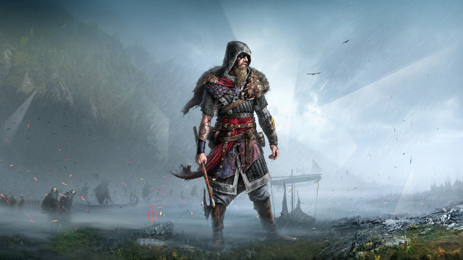 Ein mann in einem wikinger-outfit steht auf einem feld mit einem schwert (eivor, assassins creed valhalla, videospiel, ac valhalla)