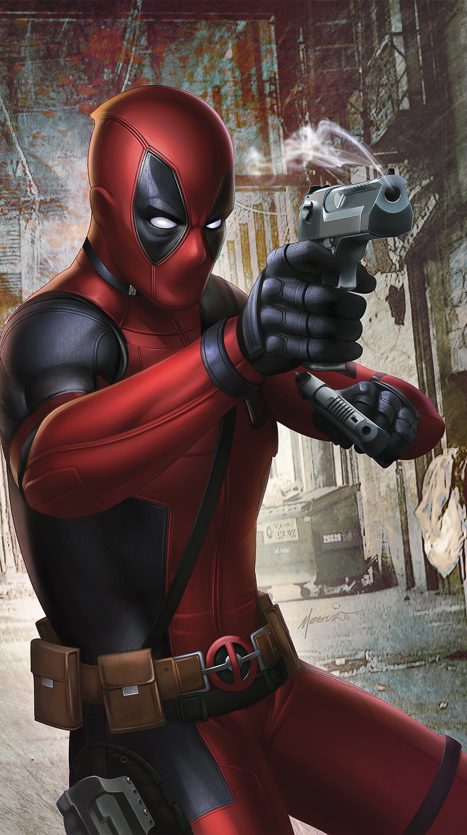 Un primer plano de deadpool con una pistola en la mano (arte, ciudad, fantasía, arma, héroe)