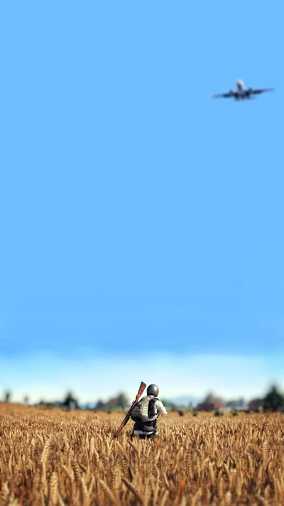 Soldier in Wheat Field with Airplane Above