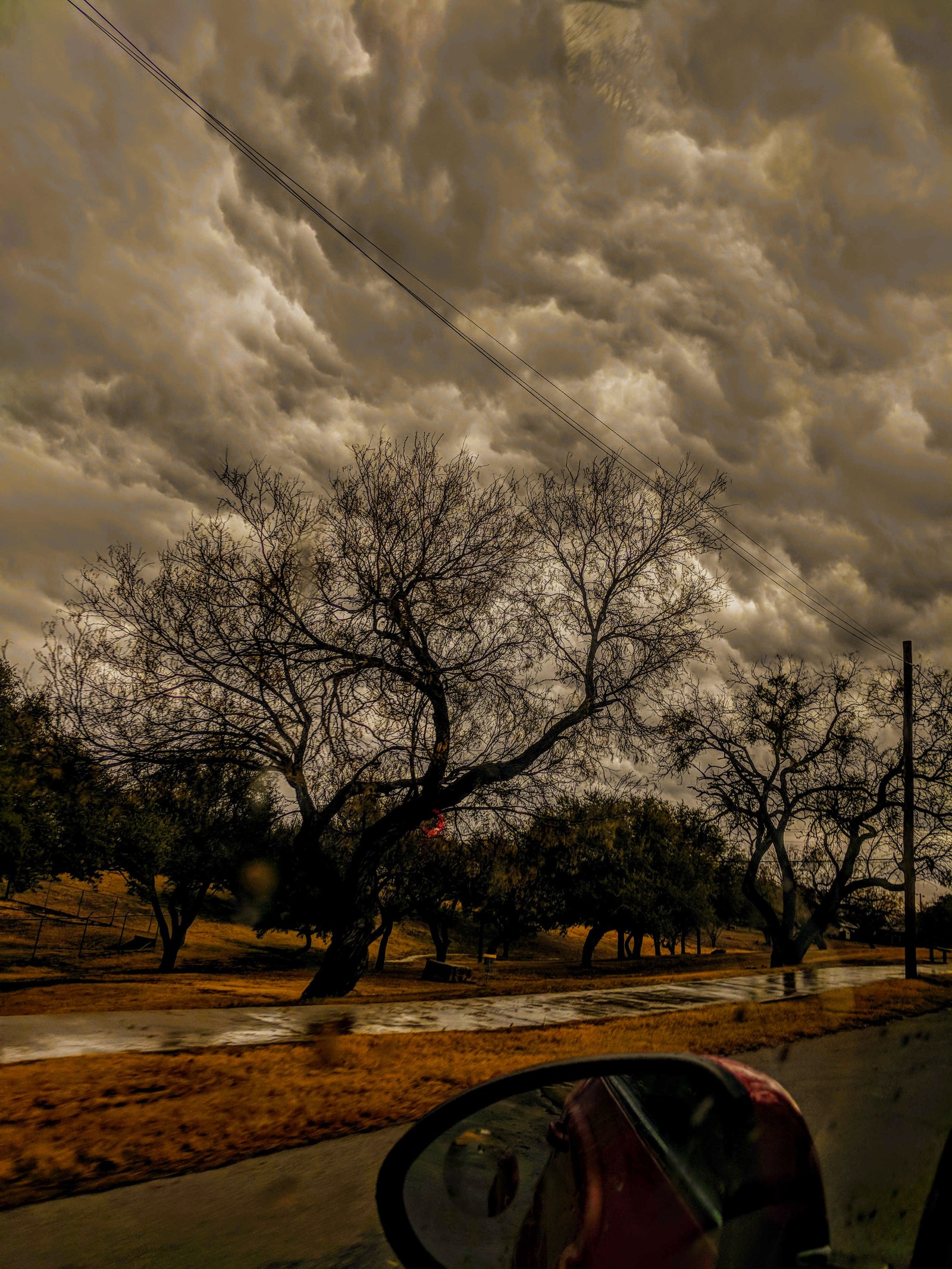 Há um carro dirigindo pela estrada sob um céu nublado (inverno, árvore, frio, molhado, tempestuoso)