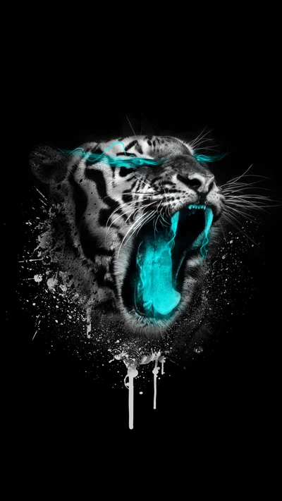 Creepy Black Tiger with Neon Blue Effects