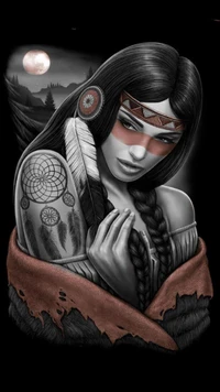 A serene indigenous woman adorned with traditional tattoos and jewelry, set against a moonlit landscape.