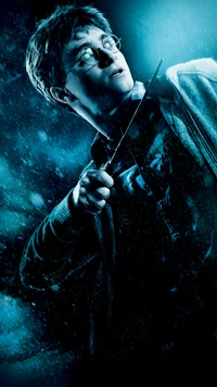 Harry Potter Embracing Magic in a Dark, Rainy Night