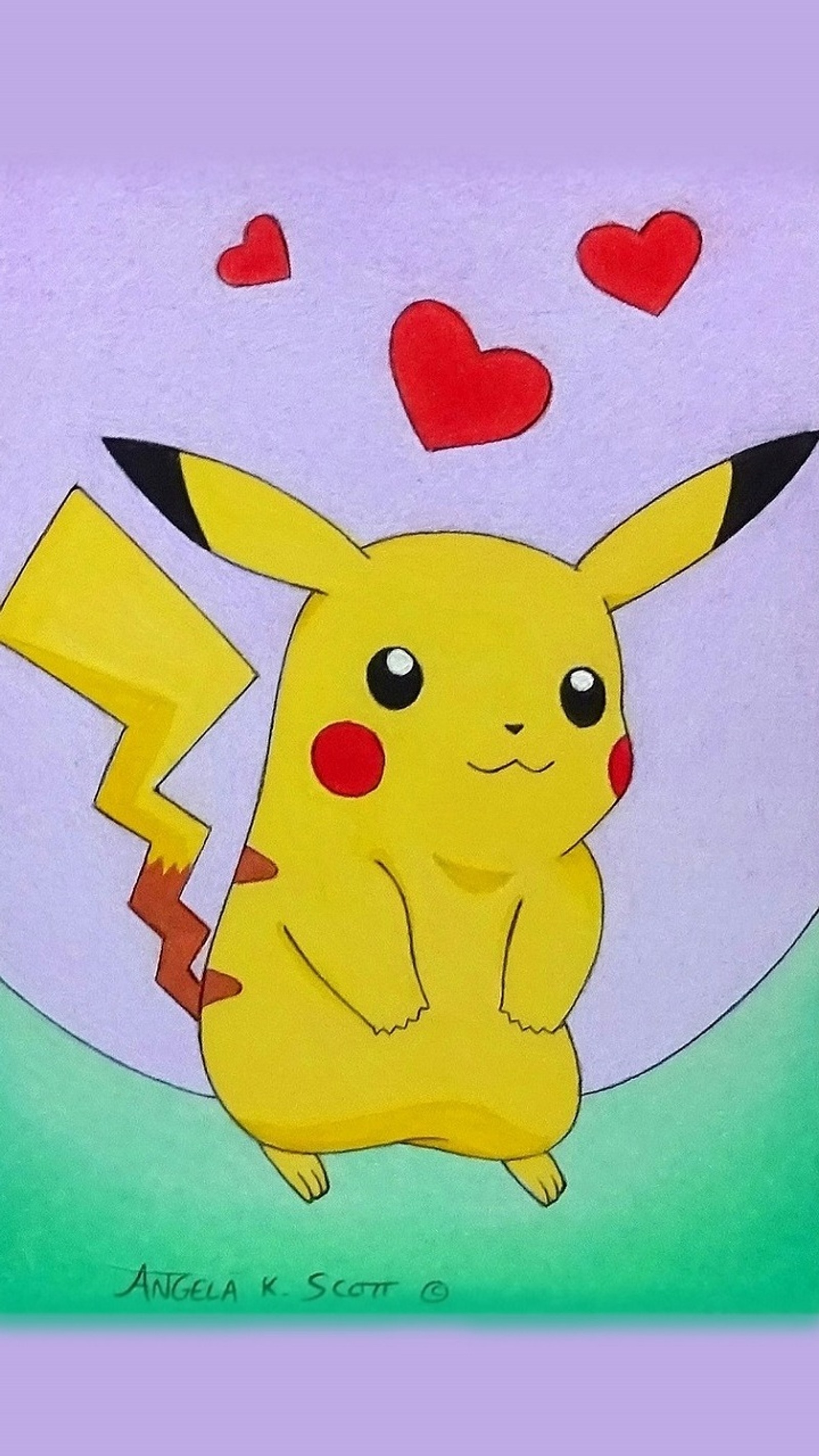 Pokemon pikachu with hearts on her head (anime, art, cute, drawn, fun)