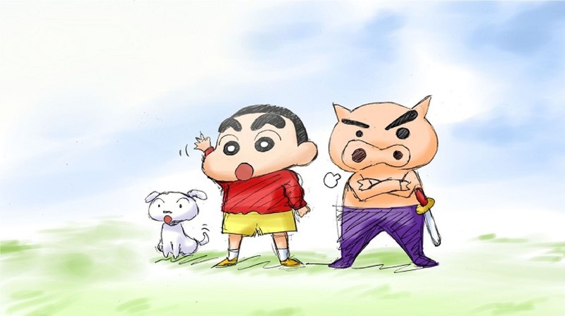 Мультфильм с двумя мужчинами, собакой и свиньей на поле (аниме, anime, crayonshinchan, шин чан, shin chan)