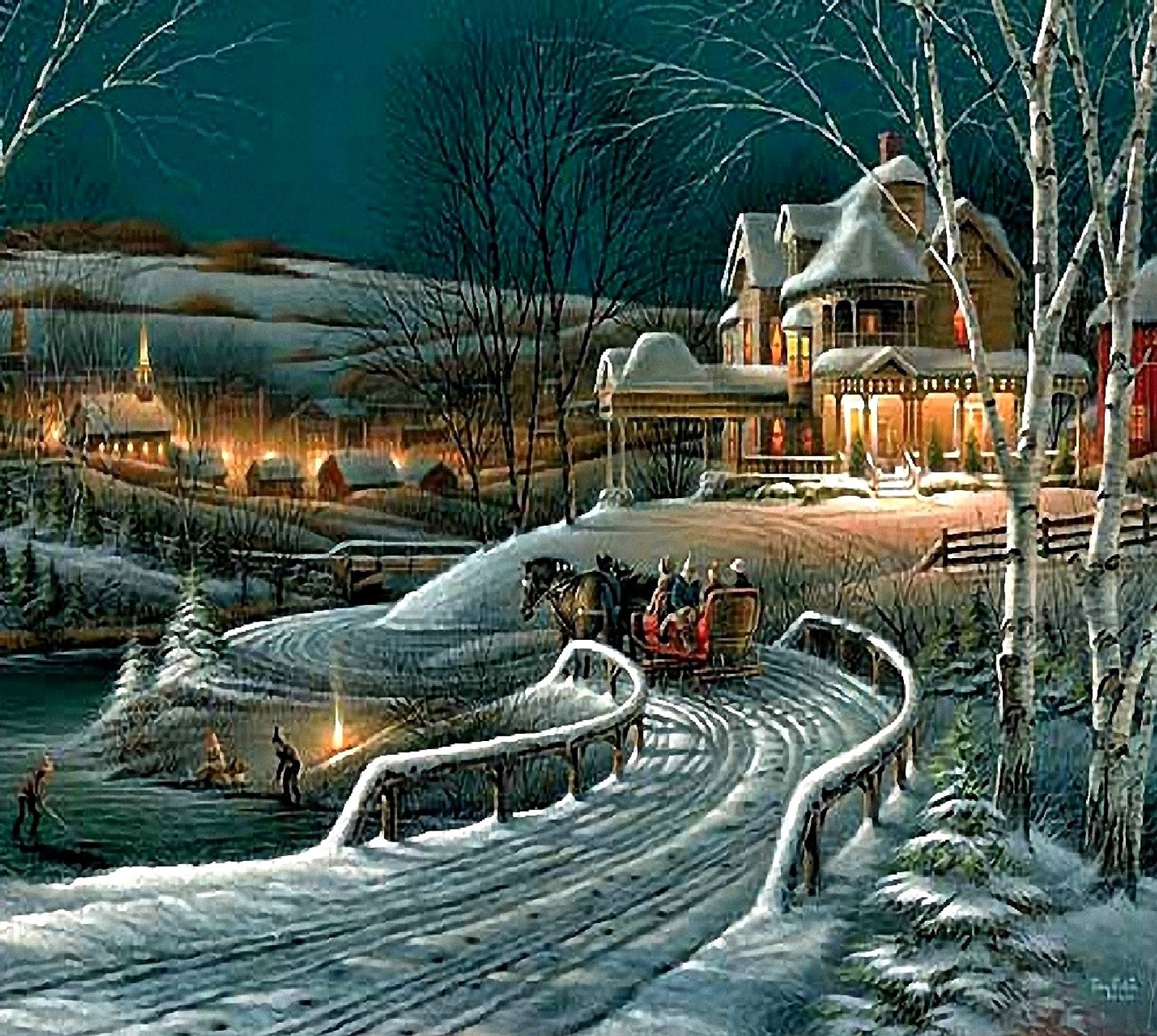 Painting of a winter night scene with a house and a river (nature)