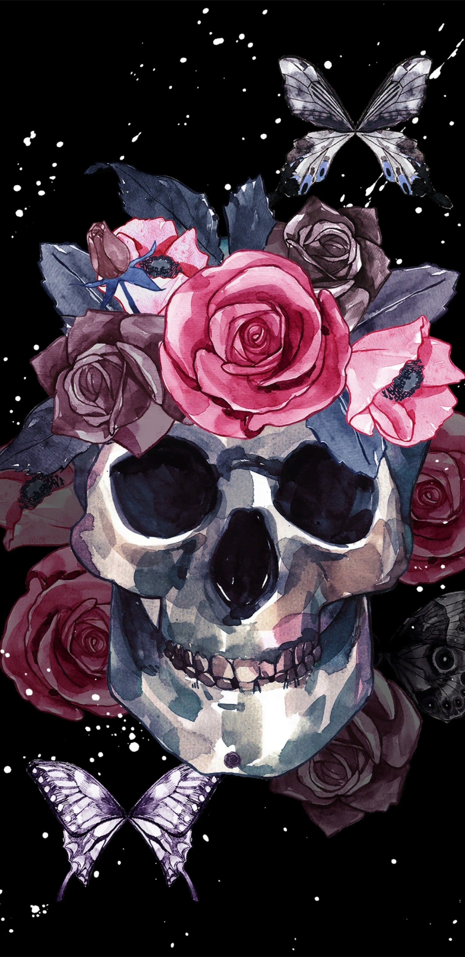 There is a skull with a flower crown on it and butterflies (beauty, darkness, drawing, flowers, illustration)