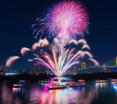 Celebración de fuegos artificiales vibrantes sobre el agua, iluminando el cielo nocturno en América