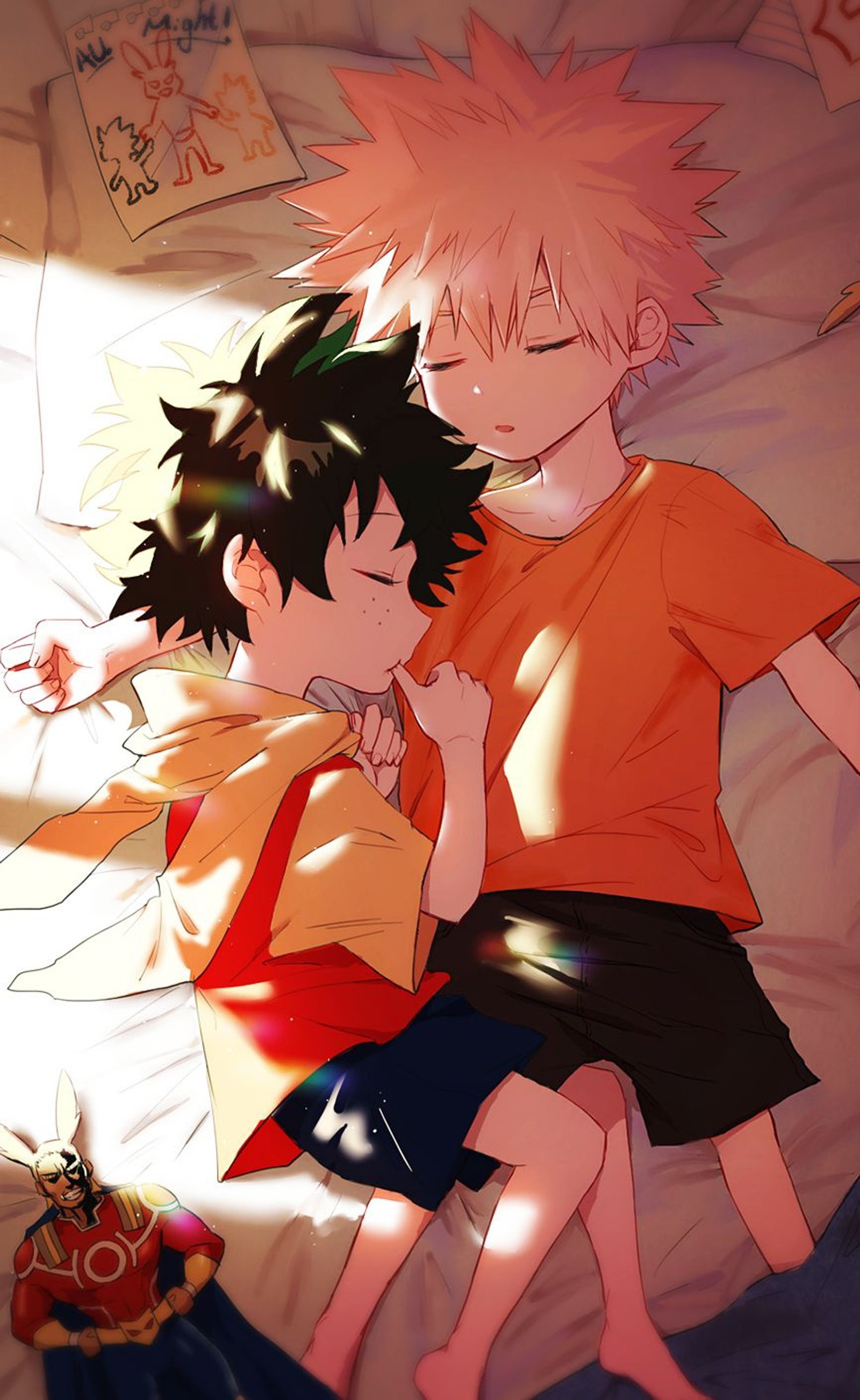 Anime boy and girl laying in bed with pillows and sheets (deku, kaccan, my hero acadamia)