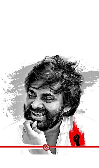 Arte em preto e branco de Pawan Kalyan com um punho simbólico e as cores de Jana Sena