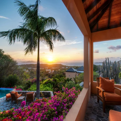 Vue du coucher de soleil dans un paradis tropical au milieu d'une flore vibrante